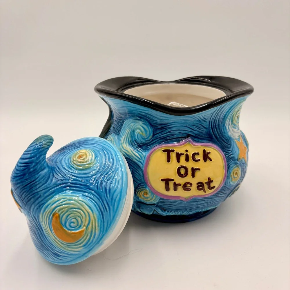 Van Gogh Starry Night Halloween Cauldron Ceramic Cookie Jar Trick or Treat Hat